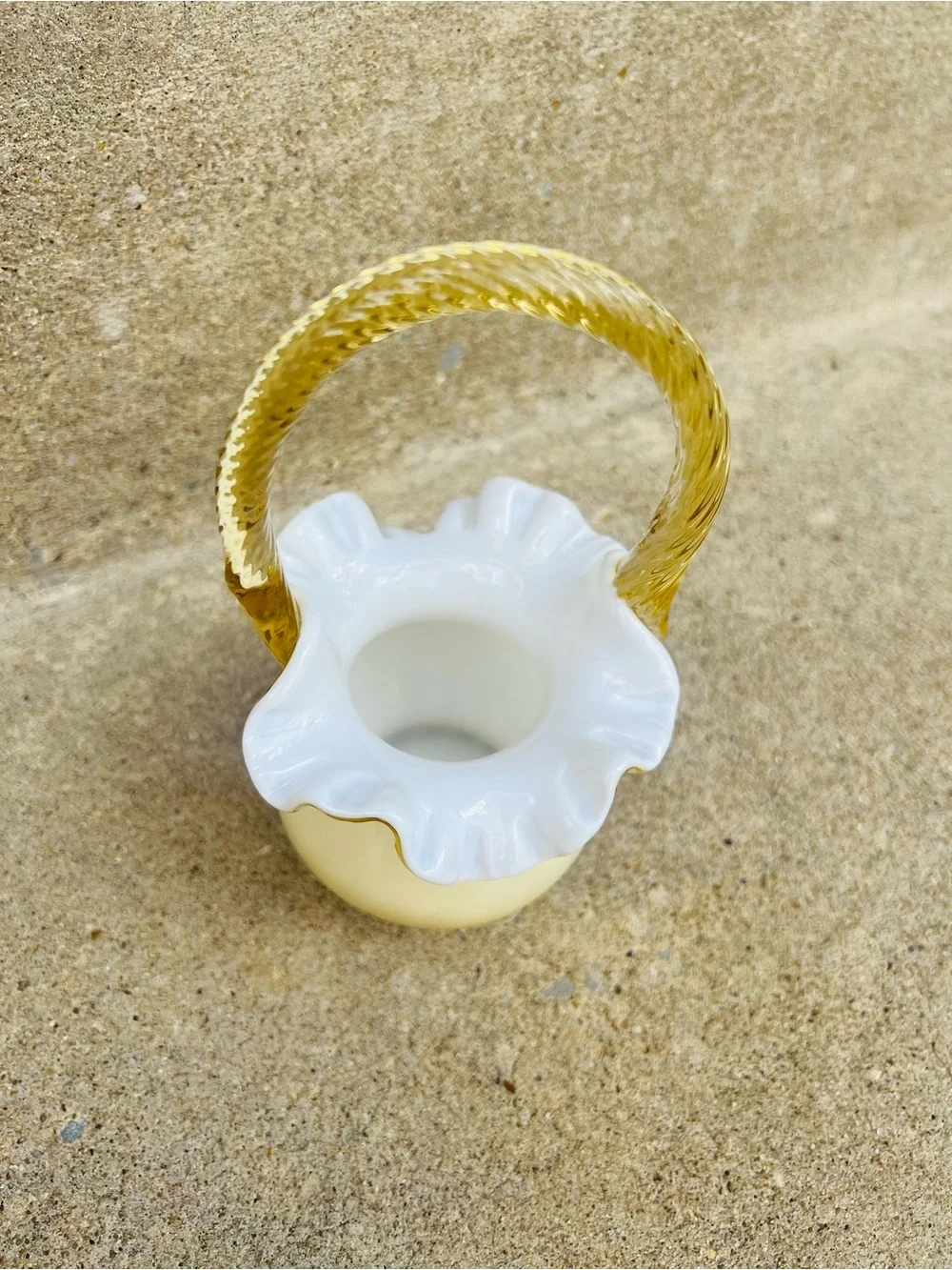 1980s Fenton Candleglow Yellow Ivory Crest Art Glass Basket